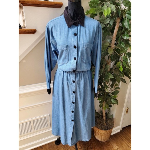 Vintage Fads Solid Blue 100% Cotton Collared Long Sleeve Casual Maxi Dress 12 - Picture 11 of 12